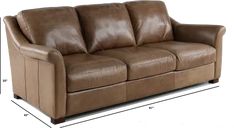 a brown leather couch with measurements for it