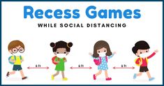 children with glasses and backpacks are walking down the street while text reads recess games while social distancing