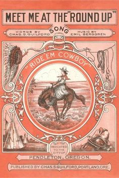 an old poster for the movie happy december, featuring a cowboy on a horse and other items