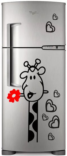 an image of a cartoon cow on the side of a refrigerator with hearts and flowers