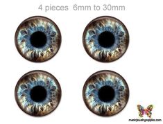 four pieces of blue and brown colored eyeballs with the words, 4 pieces 6mm to