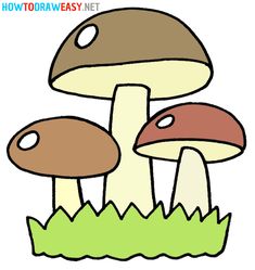 three mushrooms sitting on top of grass with the words how to draw easy step by step