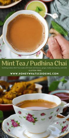 a cup of tea with the words mint tea / pudina chai on it