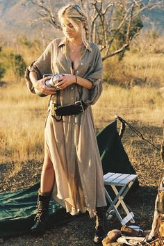 Linda Shirt Dress - Khaki Rok Outfit, Stile Boho Chic, Moda Hippie, Look Boho Chic