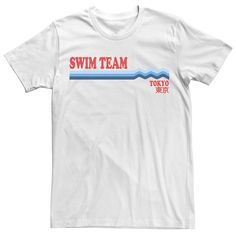 a white t - shirt with the words swim team in red and blue on it