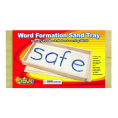 the word formation sand tray is made from wood and has blue letters that spell out safe