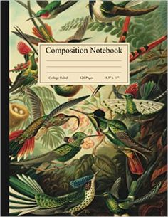 the composition notebook is filled with colorful birds