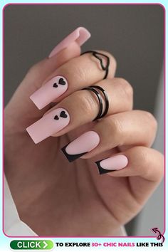 Medium-length, stiletto-shaped aesthetic pink nails with a matte finish, adorned with small black hearts, versatile for daily wear or romantic dates, made with gel. Cute Matte Nails, Cute Simple Nail Ideas, Cute Simple Nail Designs, Simple Nail Ideas, Cute Easy Nail Designs, Nails Heart, Gold Acrylic Nails, Cute Simple Nails