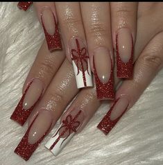 Square Oval Christmas Nails, Christmas Nails Acrylic Red And White, Coffin Shaped Winter Nails, Red Nail Inspo Christmas, Long Acrylic Nails Coffin Christmas, Funky Nails Christmas, Nails Christmas Designs 2024, Short Square Nail Designs Christmas, Christmas Long Almond Nails