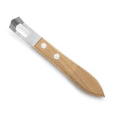 a knife with a wooden handle is shown on a white background and has three holes in the blade