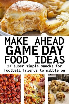 the cover of make ahead game day food ideas, with pictures of snacks and desserts