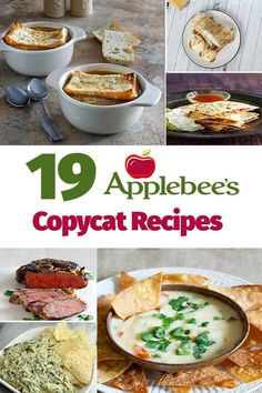 the cover of applebee's copypaat recipes is shown in this collage