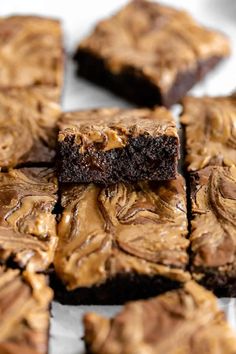 chocolate brownies with peanut butter frosting cut into squares