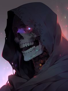 a skeleton wearing a hooded jacket and glowing eyes