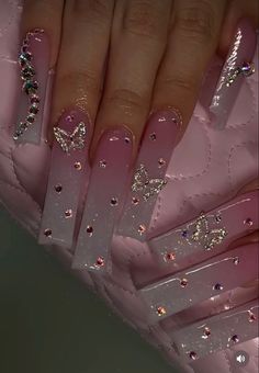 Nails Acrylic Designs Glitter, Valentino Bad And Boujee Acrylic, Acrylic Nails Rinstone, 2023 Long Nail Trends, Nails For A Purple Prom Dress, Blue Black Acrylic Nails, Cute Acrylic Nail Designs Birthday, Solid Nails With Rhinestones, Pink Bling Birthday Nails