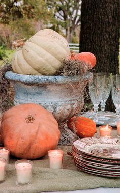 a table topped with plates and candles next to a potted plant filled with pumpkins