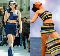 two pictures of women in different outfits and one is wearing a blue dress with yellow stripes