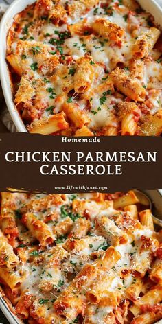 chicken parmesan casserole in a white dish with text overlay that reads homemade chicken parmesan casserole