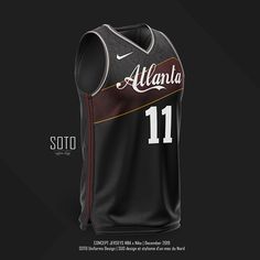 the atlanta basketball jersey is shown in black and maroon, with white lettering on it