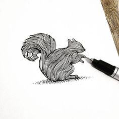 an ink drawing of a squirrel on paper with a pen in it's mouth