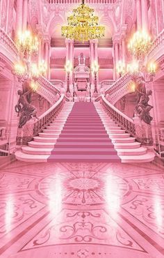 an ornate staircase with chandelier and pink carpeted flooring in a palace