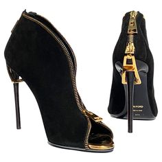 New TOM FORD Zipper-Heel Suede Zip-Front Bootie Italian size 38.5 ( US 8.5) Black suede upper with Tom Ford signature pale golden hardware. Plunging zip-front vamp with metallic-lined peep-toe. 4 inches stacked stiletto heel hooks into large zip pull ornament. Leather lining and sole. Made in Italy. New without box. Listing code: 82254580256958 Tom Ford Boots Woman, Tom Ford Boots, Tom Ford Heels, Ankle Heel Boots, Tom Ford Shoes, Feminine Shoes, Carolyn Murphy, Luxury Boots, Ford Black