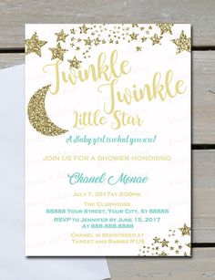 the twinkle little star baby shower is shown in gold and white