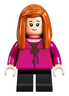 a lego girl with red hair and pink shirt is standing in front of a white background