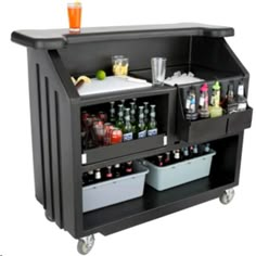 an image of a bar cart with bottles and drinks on it's shelfs