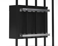 an empty black cabinet with metal bars on the front and back sides, against a white background