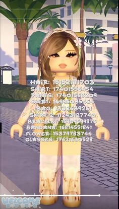 an animated girl standing in the middle of a street with palm trees and buildings behind her