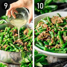 green beans and mushrooms being prepared in a skillet