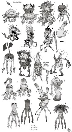 an image of some cartoon characters in black and white ink, all with different facial expressions