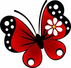 a red and black butterfly with white dots