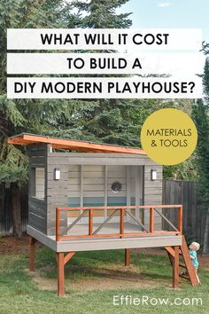 a small wooden play house with the words what will it cost to build a modern playhouse?