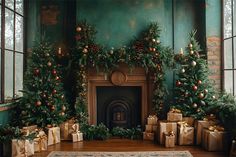 there are many presents under the christmas tree in this living room with green walls and fireplace