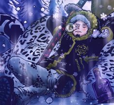 an image of a man laying on the ground with a bottle in his hand and snowflakes all around him