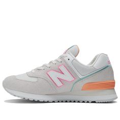 The New Balance 574 'Nimbus Cloud Peach Glaze' is a stylish sneaker with a modern silhouette. Crafted with a combination of natural suede and EVA midsole, it features ENCAP® technology for enhanced cushioning and stability. The combination of grey, pink and orange colors gives the sneaker a unique look. Perfect for everyday wear, this sneaker provides superior support and comfort. Inspired by the beauty of the clouds, this sneaker is part of the Nimbus Cloud series. Get your pair of the New Balance 574 'Nimbus Cloud Peach Glaze' and stay stylish and comfortable all day. (SNKR/Retro/Low Top/Women's) Cute Tennis Shoes New Balance, New Balance Sneakers For Light Sports In Spring, New Balance Shoes Colorful, Cute Everyday Shoes, Cute New Balance Shoes, Coastal Closet, Preppy Icon, New Balance 574 Pink, Peach Glaze