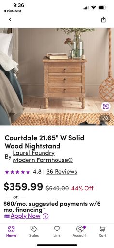 a bed room with a wooden nightstand next to a night stand and other items on sale