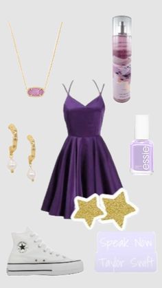 a purple dress and accessories are arranged on a white background