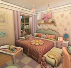 a cartoon bedroom with a bed, desk and teddy bear