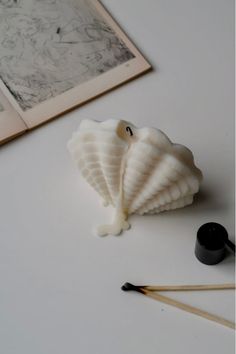 an image of a sea shell and matchsticks on the table next to it