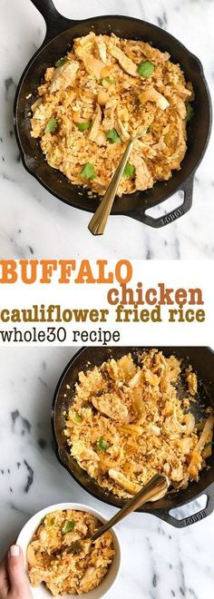 buffalo cauliflower fried rice in a cast iron skillet