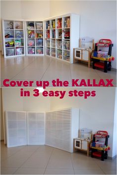 there are two pictures with the words cover up the kallax in 3 easy steps