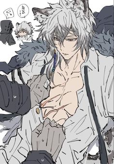 an anime character with white hair and gray eyes holding a cell phone in his hand