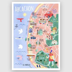 a map of the city of arcachon with people walking around it and cars parked on