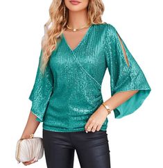 PRICES MAY VARY. 【SIZE】The sparkly party blouse is made with a slim fit design and low stretchy（Will be 1-2 cm smaller than actual size）, please choose One Size Up if you want a more relaxed feeling 【Features】Sequin tops for women - Sexy v neck, 3/4 bell sleeves, split sleeves; The glitter sparkly blouse is designed to be slim-fitting, which creates a flattering silhouette and adds to the overall dressy look 【Material】Full shiny sequin cover, The sparkle top is made of high-quality sequin fabric Jollywood Nights, Sparkly Blouse, Guest Ideas, Glitter Blouse, Split Sleeve Top, Deck Seating, Dressy Jeans, Sparkle Outfit, Sparkly Party