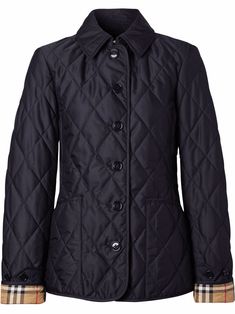 Blue recycled polyester diamond-quilted thermoregulated jacket from BURBERRY featuring diamond quilting, classic collar, checked lining, two front patch pockets and front button fastening. POSITIVELY CONSCIOUS: This Planet Conscious product is crafted from certified recycled or upcycled materials, which helps you make a better choice for the environment as they generate less energy, save water and reduce the need for new raw materials. For recycled synthetic clothing products we highly recommend تلوث المياه, Burberry Quilted Jacket, Burberry Touch, Checked Jacket, Burberry Jacket, Heritage Fashion, Women Diamond, Van Cleef Arpels, Burberry Women