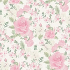 pink roses and green leaves are on a white wallpaper with pastel pink flowers