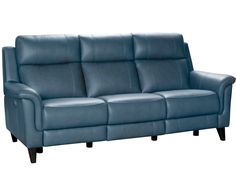 a blue leather reclining sofa with black legs and arm rests on an isolated white background